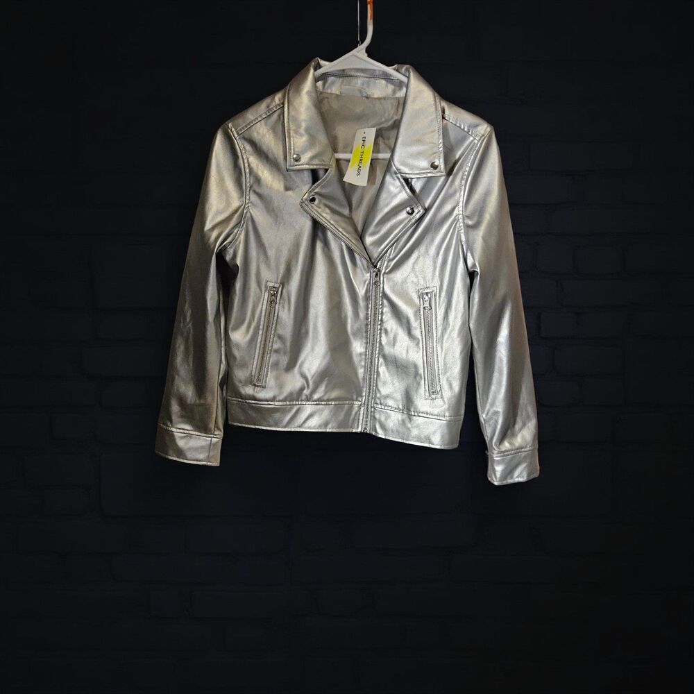 Epic Threads Girls Size 14/16 Faux Leather Silver Metallic Moto Jacket NWT
